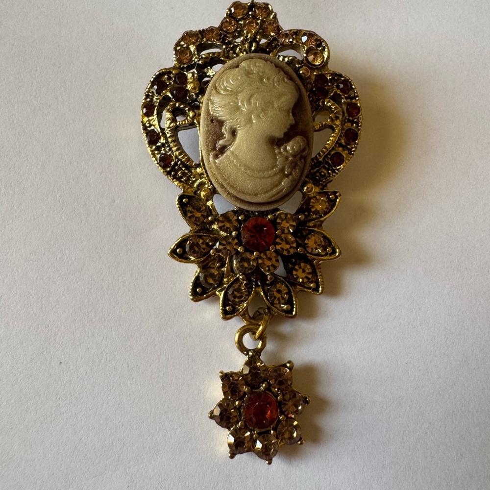Elegant Gold and Brown Cameo Brooch